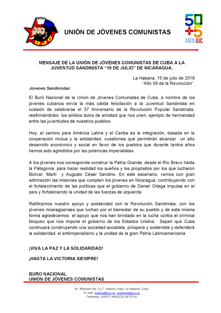 Mensaje a la Juventud Sandinista