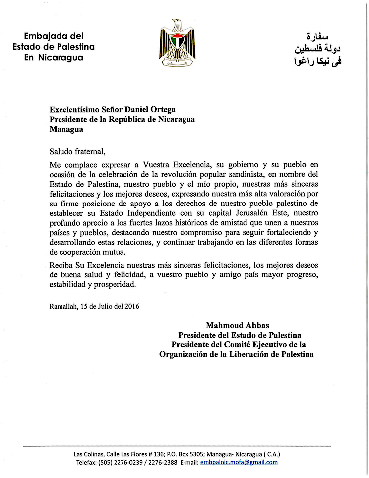 Saludo Palestina a Revoluci&oacute;n Sandinista
