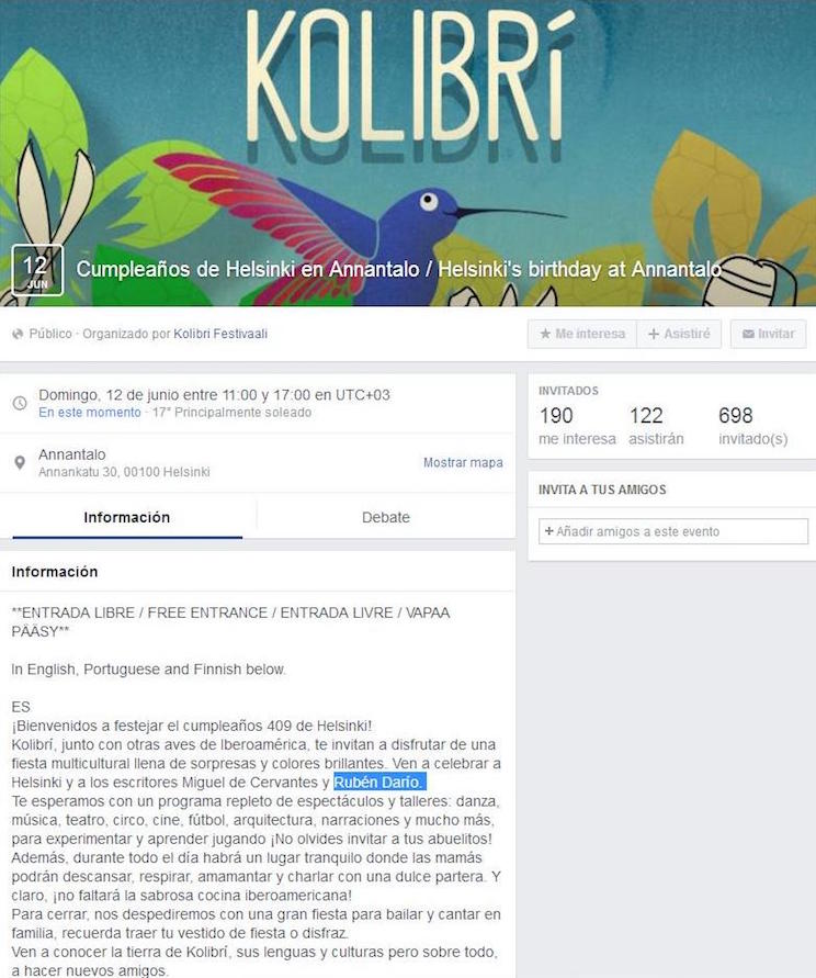 Festival finland&eacute;s Kolibr&iacute; honra a Rub&eacute;n Dar&iacute;o
