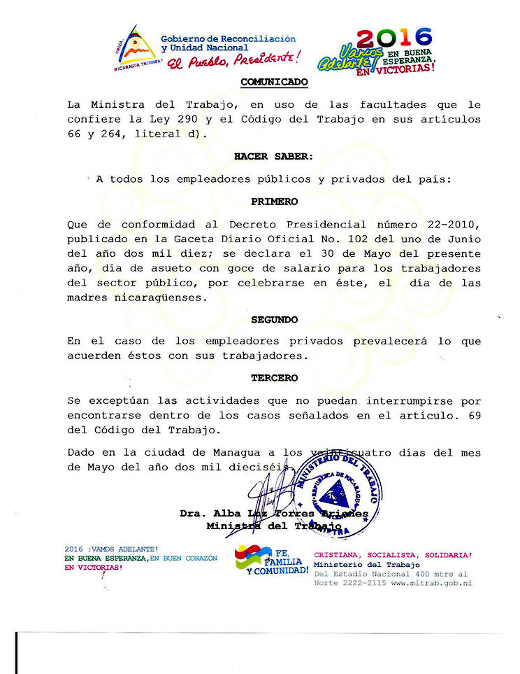 Comunicado MITRAB sobre el D&iacute;a de las Madres