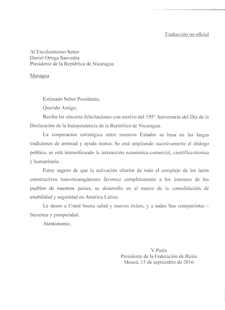 El Presidente de la Federaci&oacute;n de Rusia, Vladimir Putin, envi&oacute; un mensaje al Comandante-Presidente Daniel Ortega Saavedra, por la celebraci&oacute;n de las Fiestas Patrias en Nicaragua.