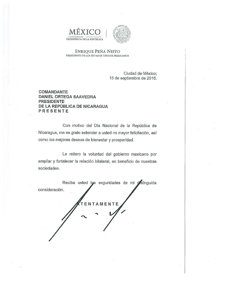 Saludo de Pe&ntilde;a Nieto al Comandante Daniel Ortega