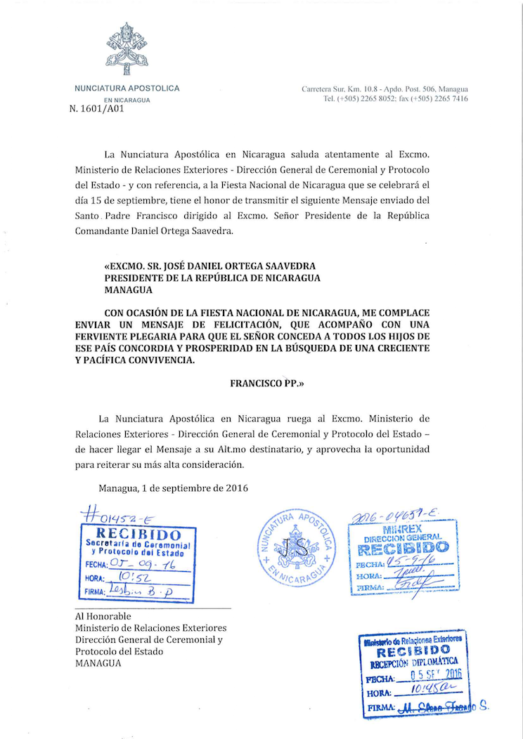 Mensaje del Papa al Comandante Daniel Ortega