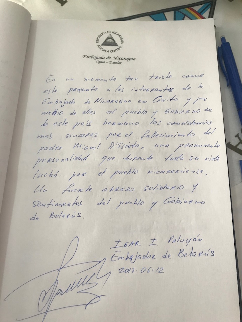 Libro de Condolencias Padre Miguel D'Escoto