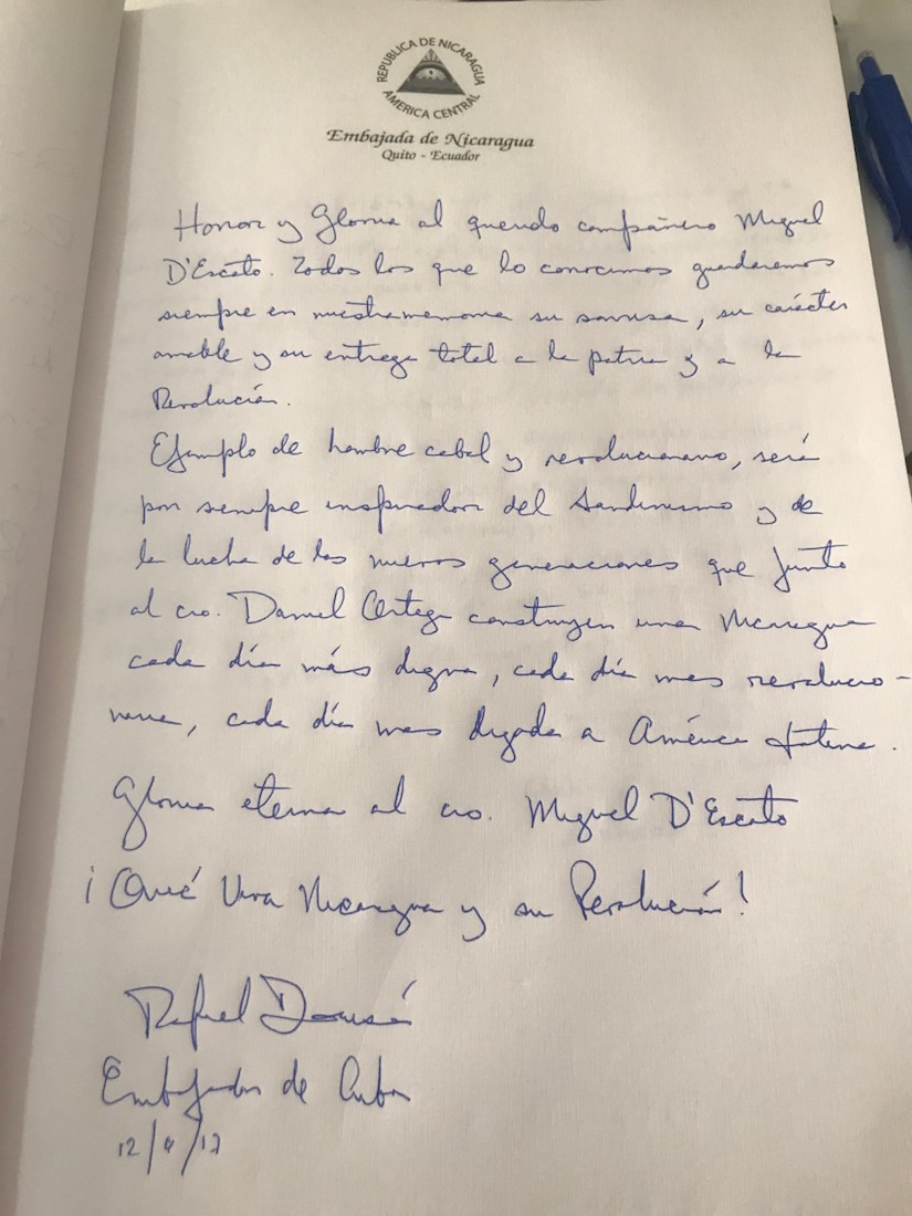 Libro de Condolencias Padre Miguel D'Escoto