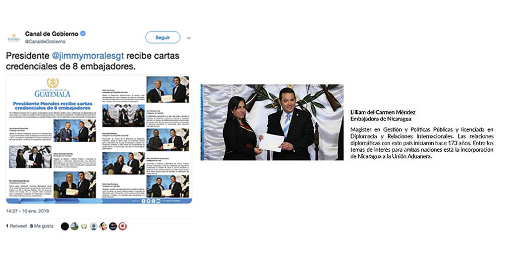 Embajadora Lilliam del Carmen Méndez, presenta  cartas credenciales al Presidente de Guatemala