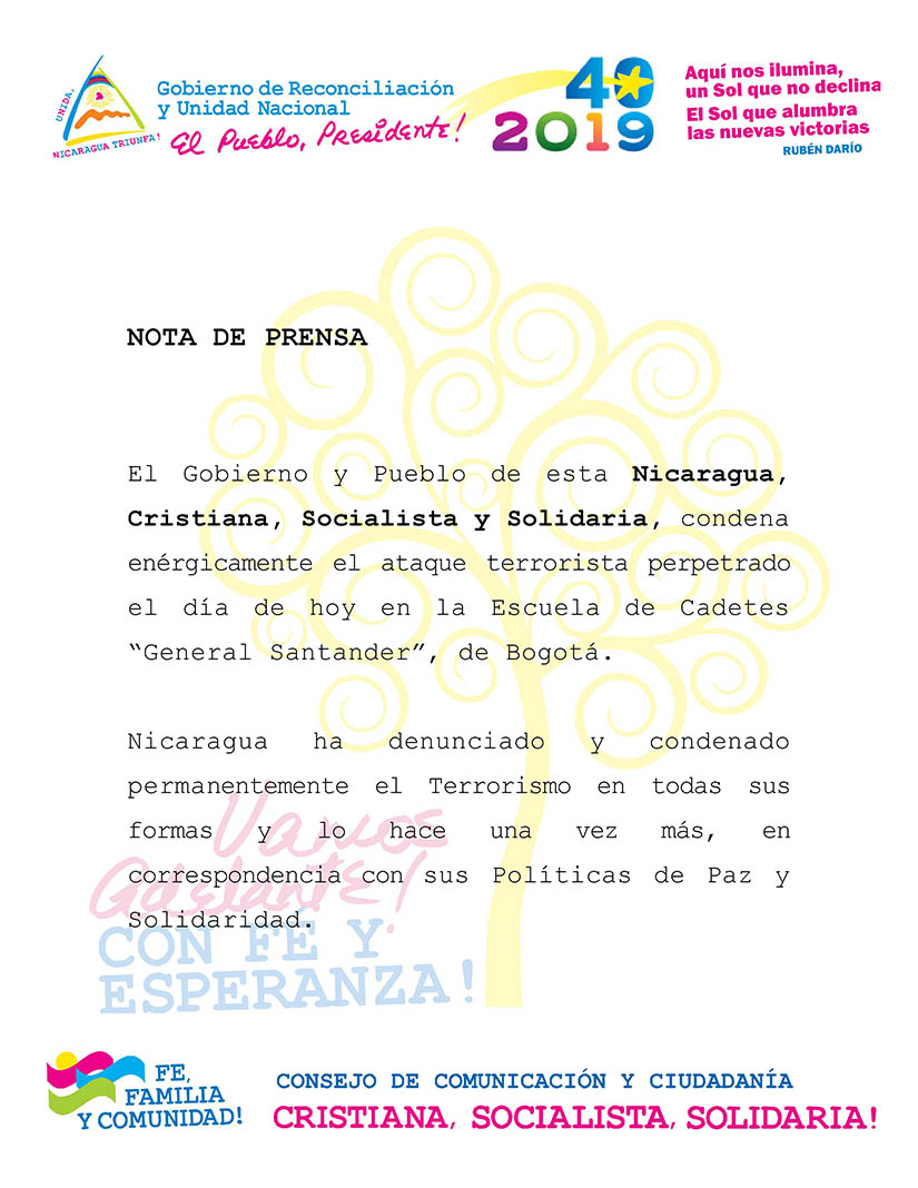  Nicaragua condena ataque terrorista en Escuela de Cadetes &ldquo;General Santander&rdquo;,de Bogot&aacute;