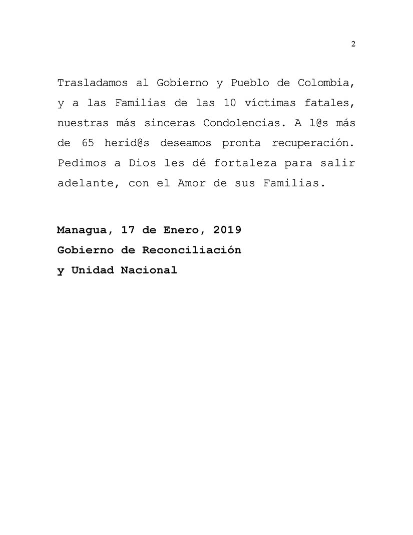  Nicaragua condena ataque terrorista en Escuela de Cadetes &ldquo;General Santander&rdquo;,de Bogot&aacute;