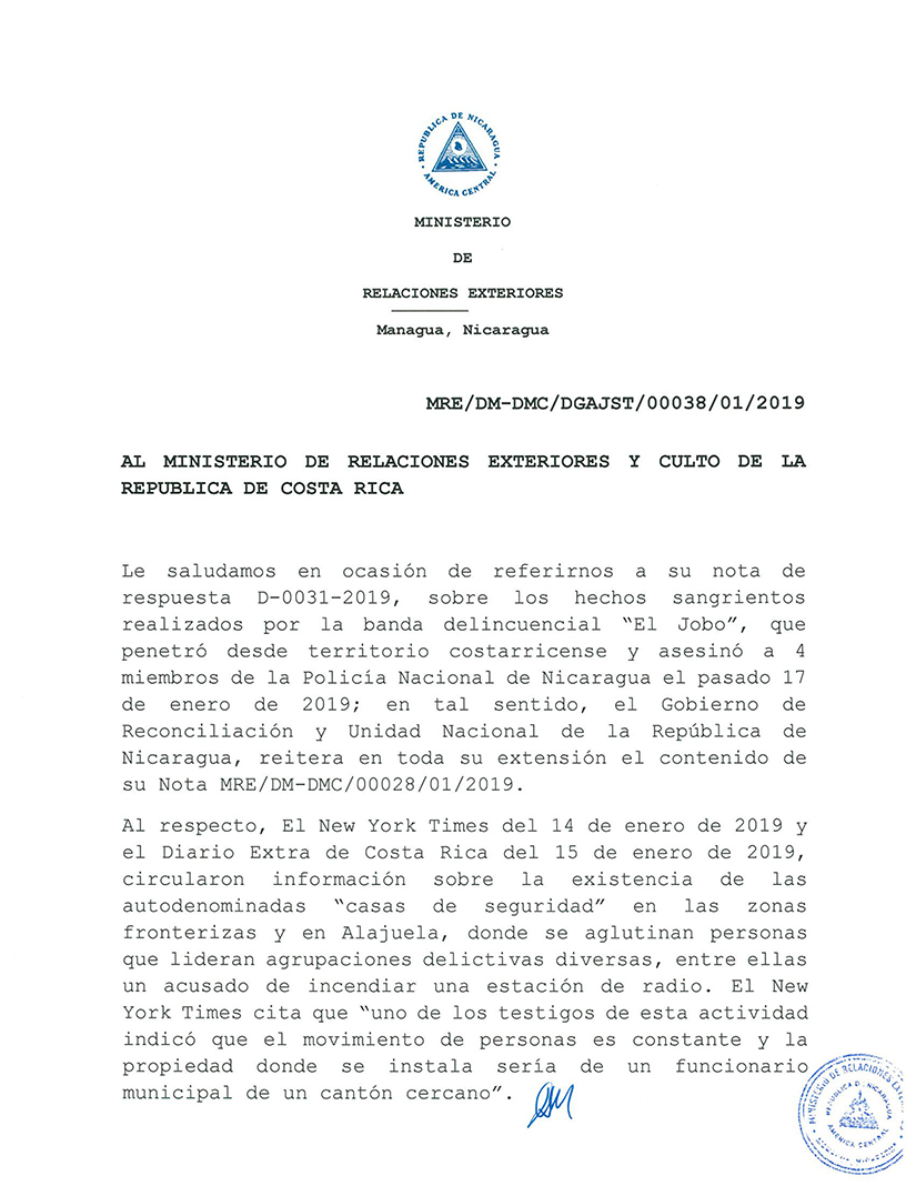 Nota protesta del Gobierno de Nicaragua al ministerio de Relaciones exteriores de Costa Rica