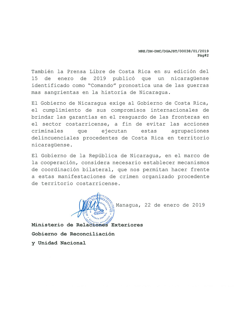 Nota protesta del Gobierno de Nicaragua al ministerio de Relaciones exteriores de Costa Rica