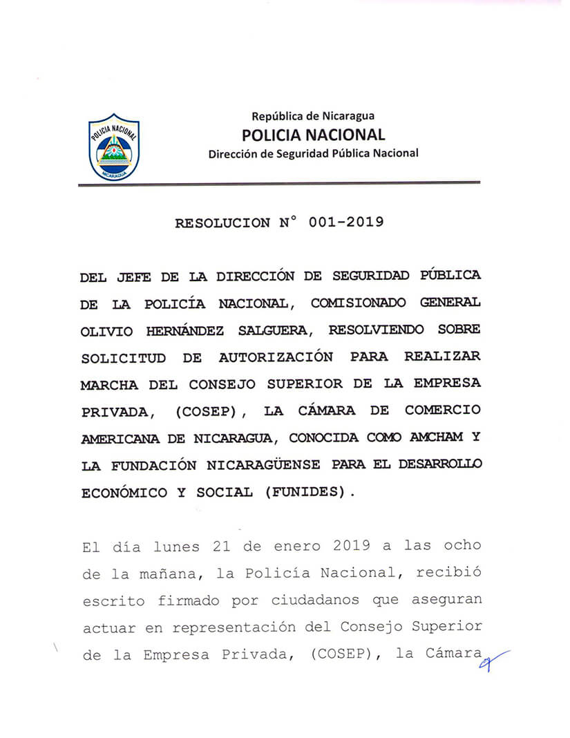 Polic&iacute;a Nacional no autoriza manifestaci&oacute;n p&uacute;blica del Cosep