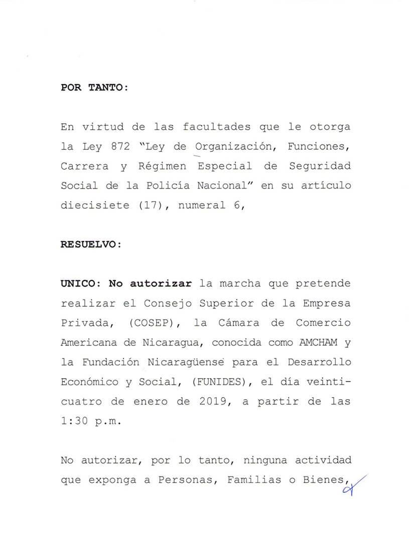 Polic&iacute;a Nacional no autoriza manifestaci&oacute;n p&uacute;blica del Cosep