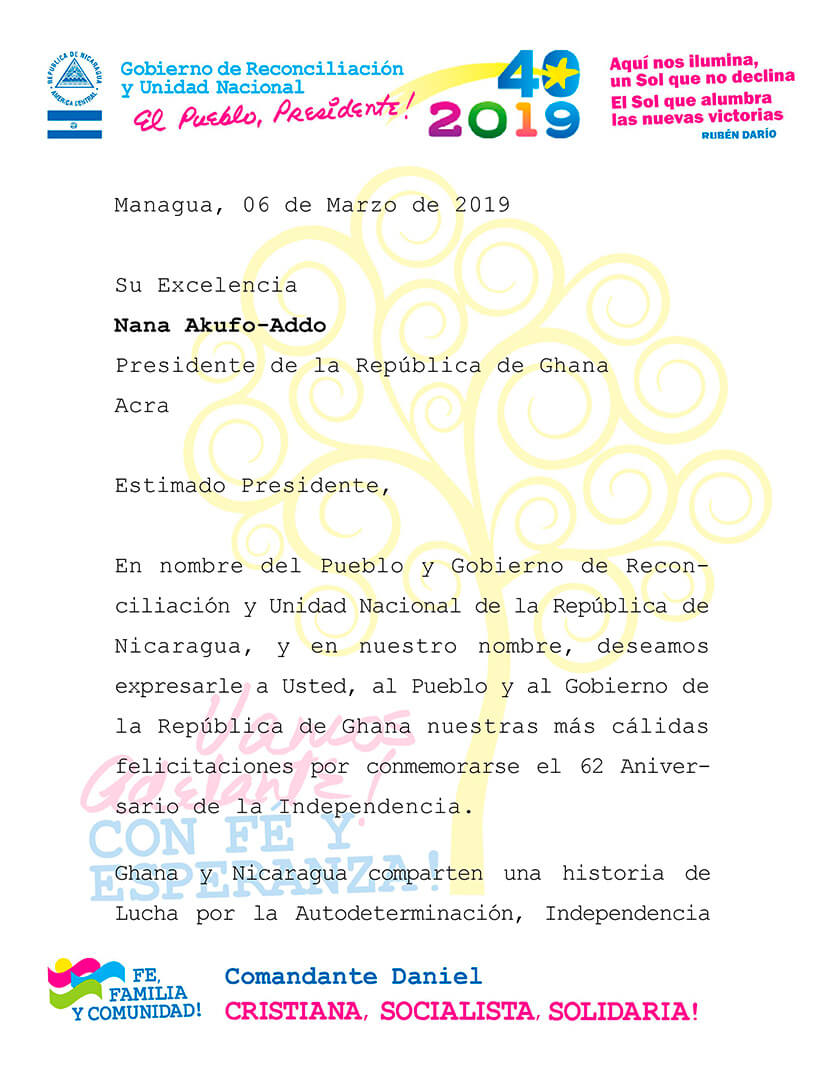 Gobierno de Nicaragua saluda el 62 Aniversario de la Independencia de la República de Ghana