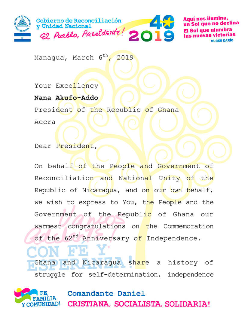 Gobierno de Nicaragua saluda el 62 Aniversario de la Independencia de la República de Ghana