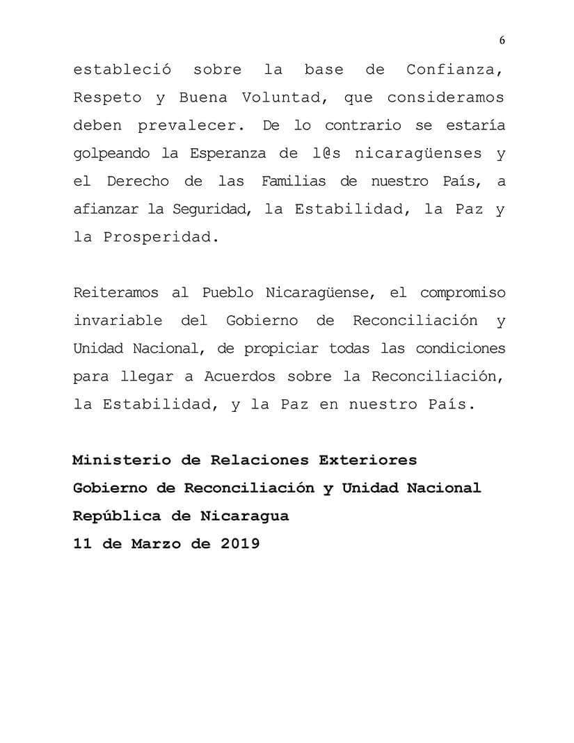 comunicado del gobierno de nicaragua en la mesa de negociación