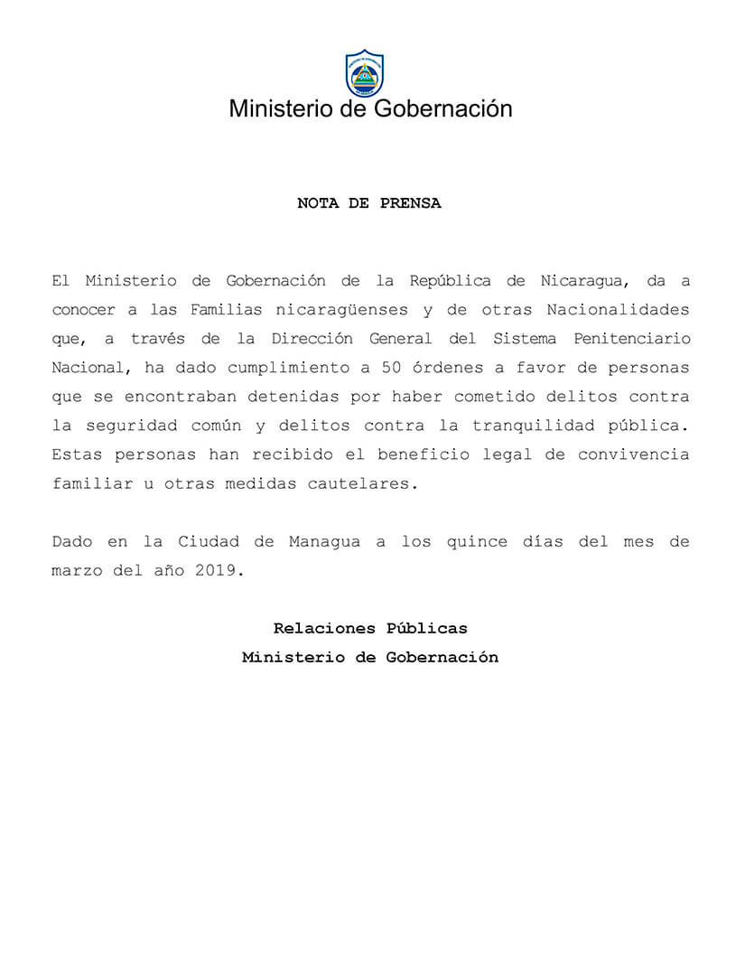 la Direcci&oacute;n General del Sistema Penitenciario Nacional, ha dado cumplimiento a 50 &oacute;rdenes a favor de personas que se encontraban detenidas por haber cometido delitos contra la seguridad com&uacute;n y delitos contra la tranquilidad p&uacute;blica