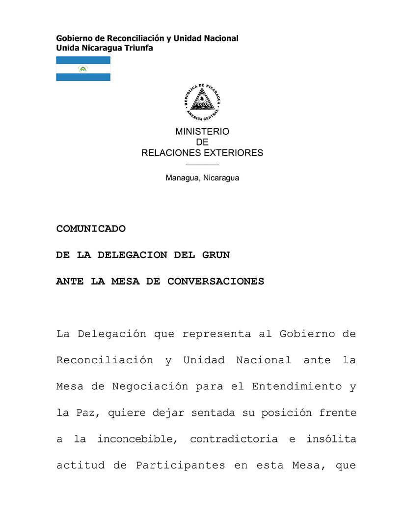 Comunicado de la Delegación del Gobierno de Reconciliación y Unidad Nacional de Nicaragua ante la Mesa de Conversaciones