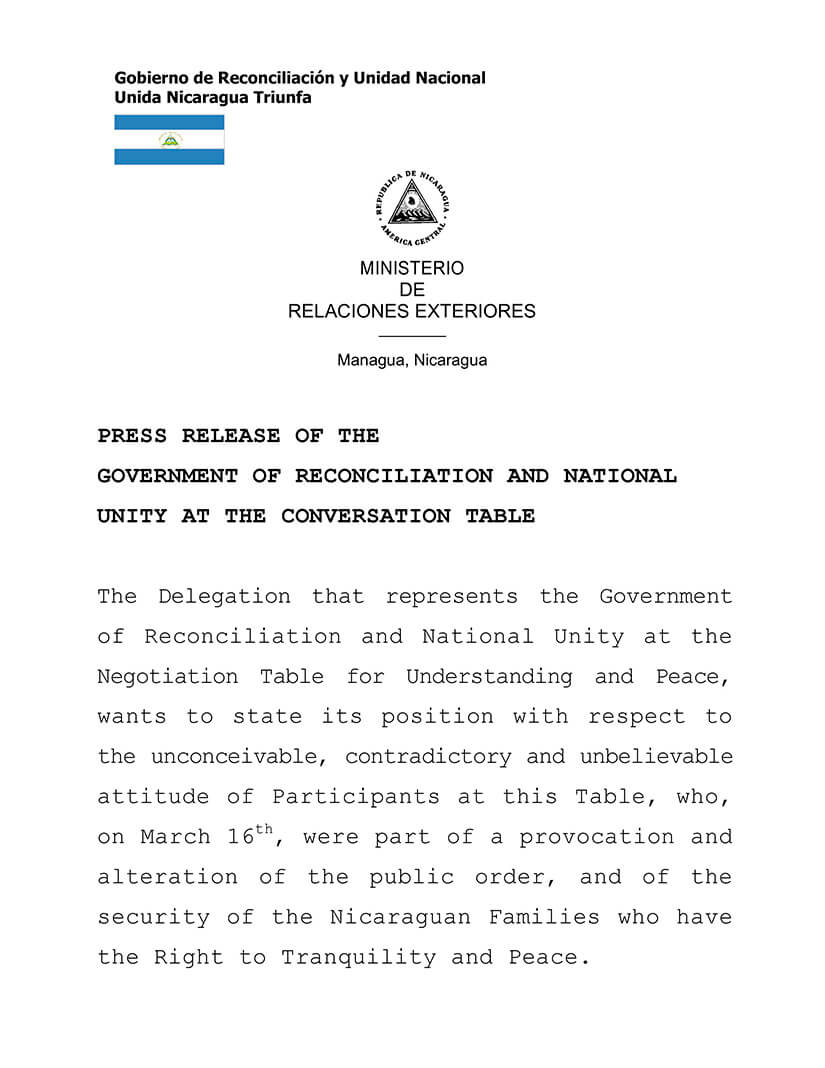 comunicado del gobierno de nicaragua