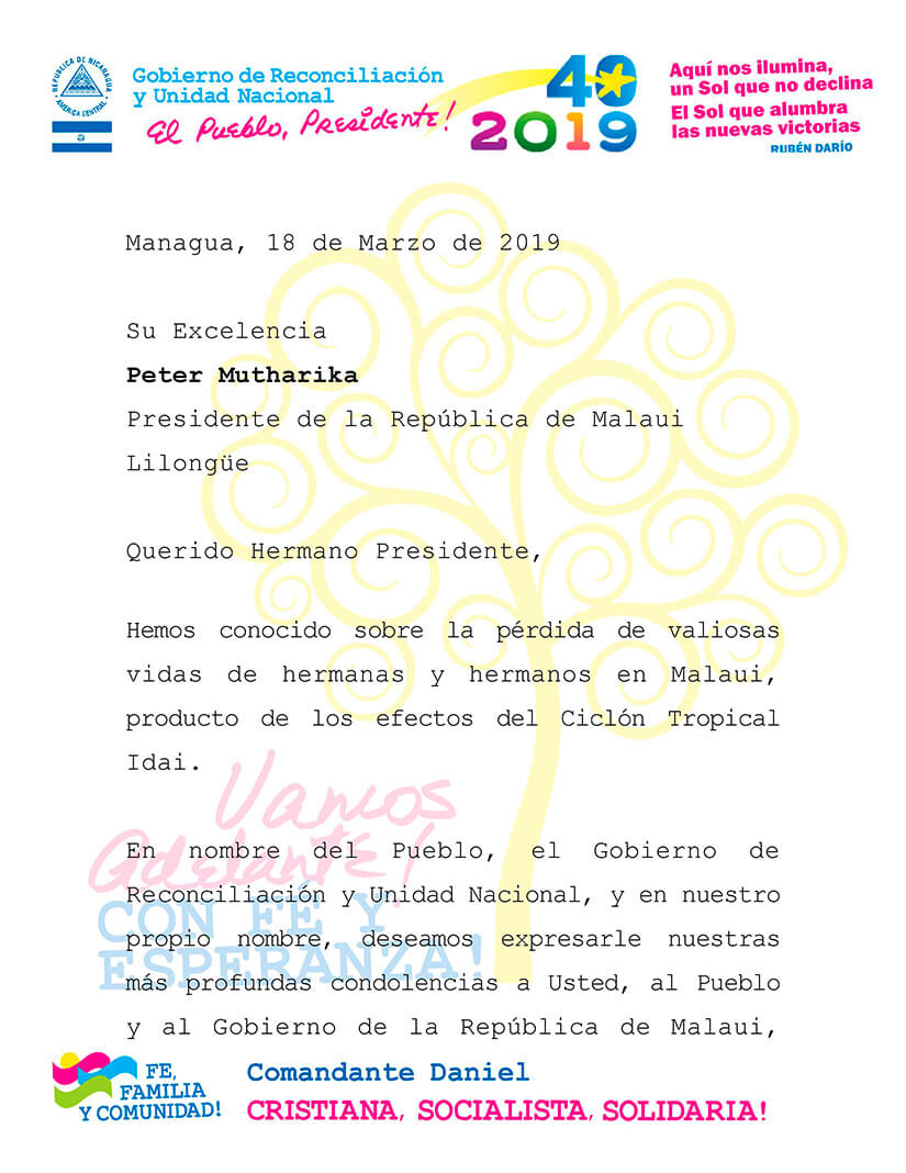 condolencias al presidente de la república de Malaui