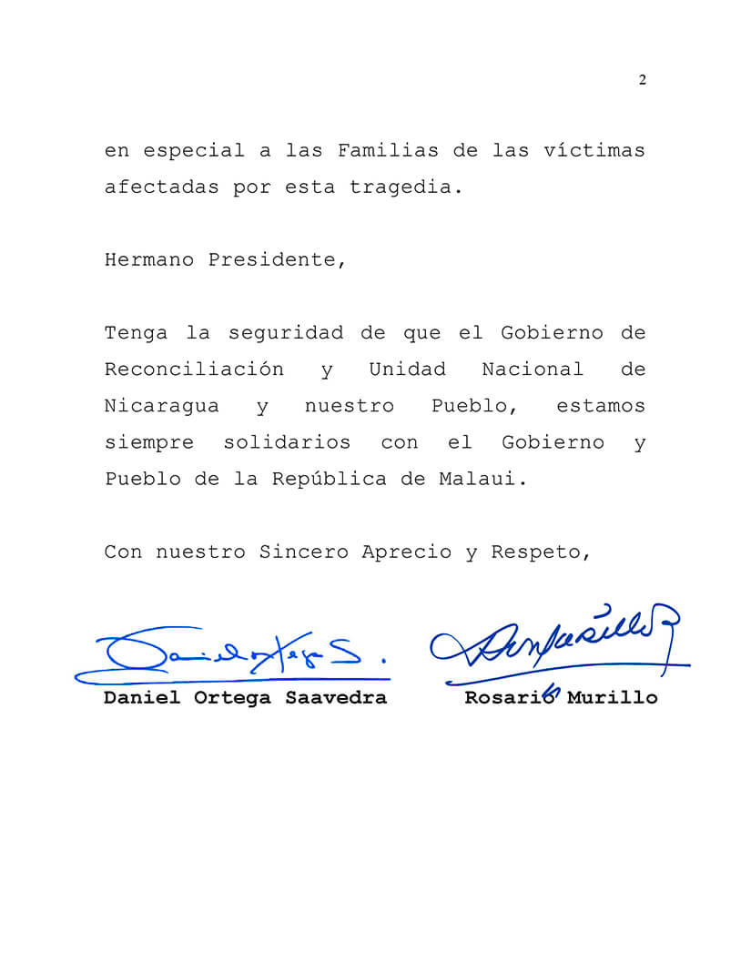 condolencias al presidente de la república de Malaui