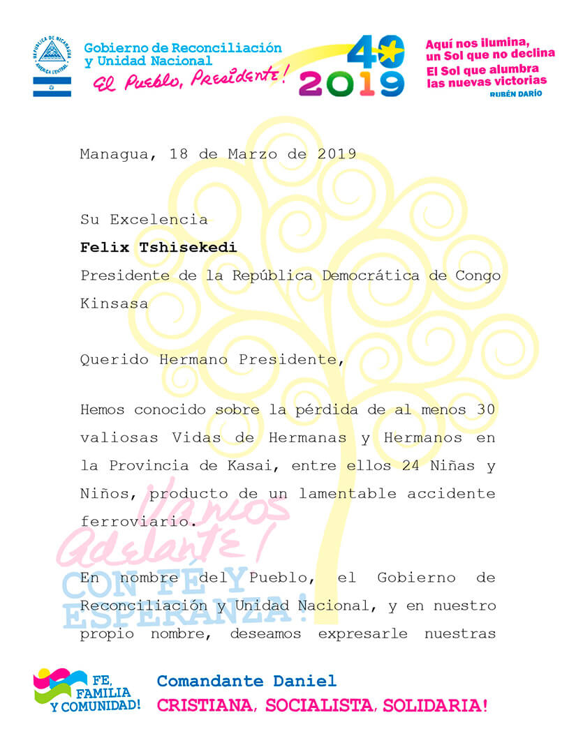 mensaje de condolencias de nicaragua al congo