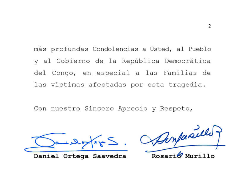 mensaje de condolencias de nicaragua al congo