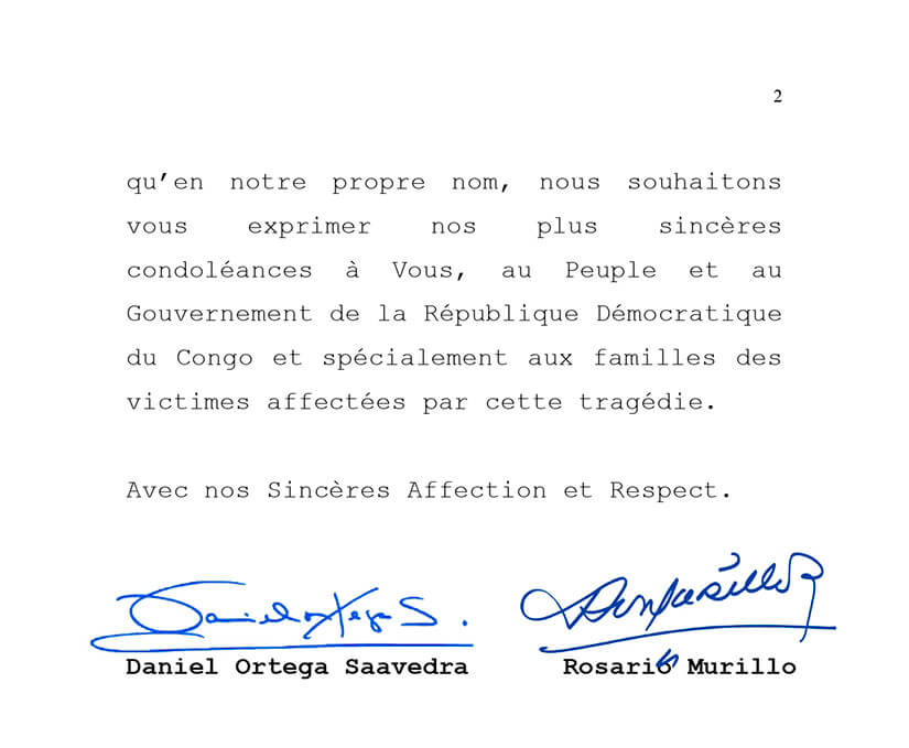 mensaje de condolencias de nicaragua al congo