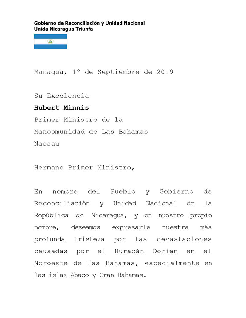 mensaje-de-nicaragua-al-primer-ministro-bahamas-tras-paso-huracan