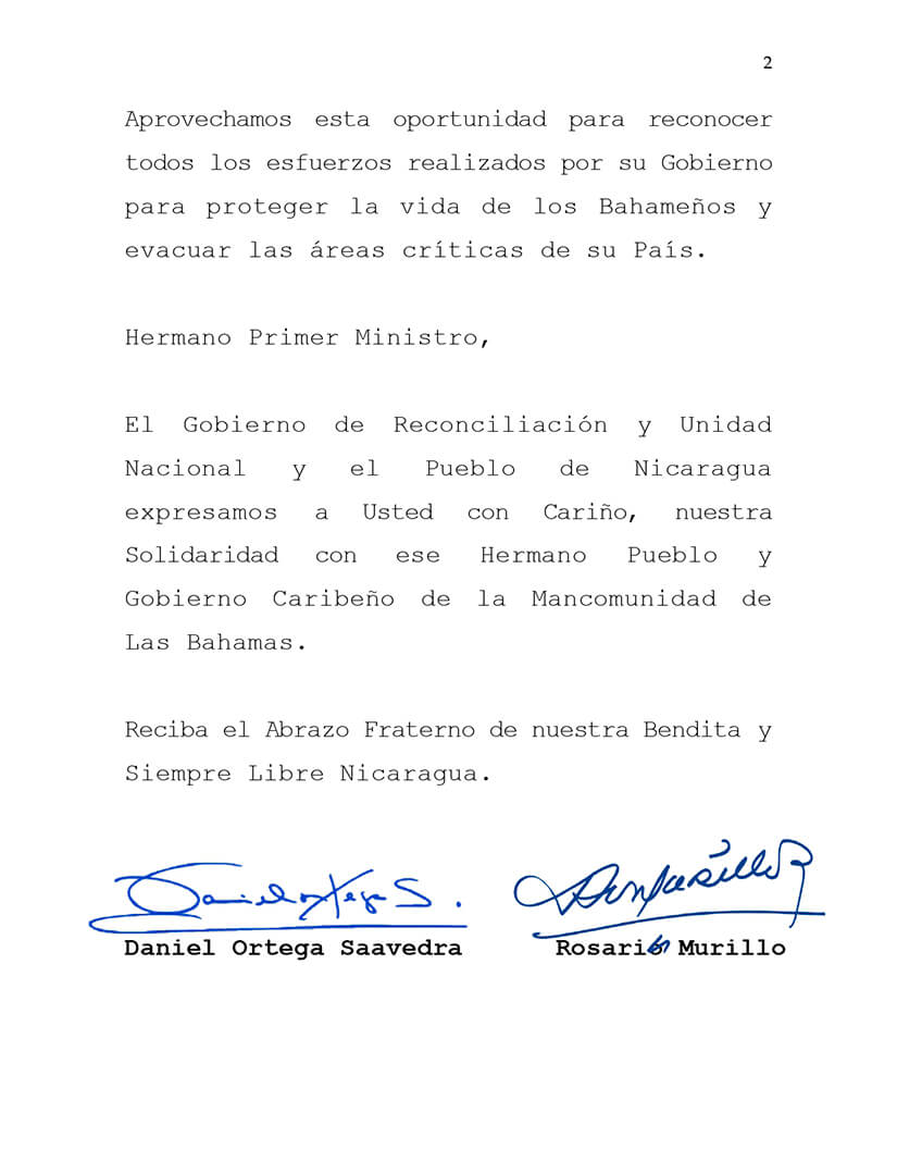 mensaje-de-nicaragua-al-primer-ministro-bahamas-tras-paso-huracan
