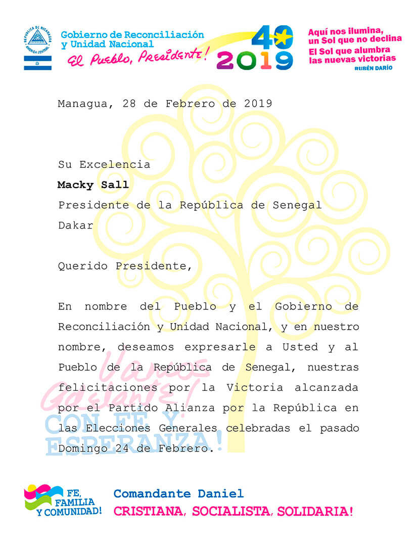 Gobierno de Nicaragua Saluda la victoria del partido alianza por la república de senegal