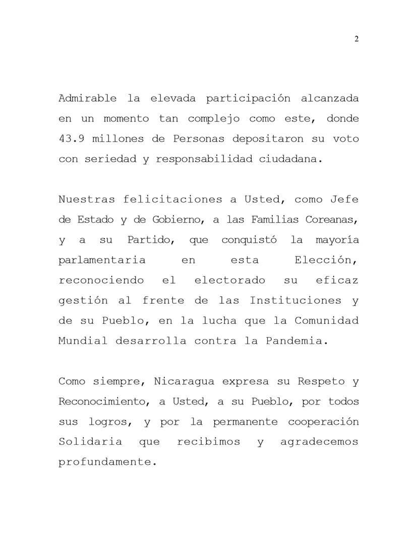mensaje-nicaragua-corea-sur-elecciones-parlamentarias