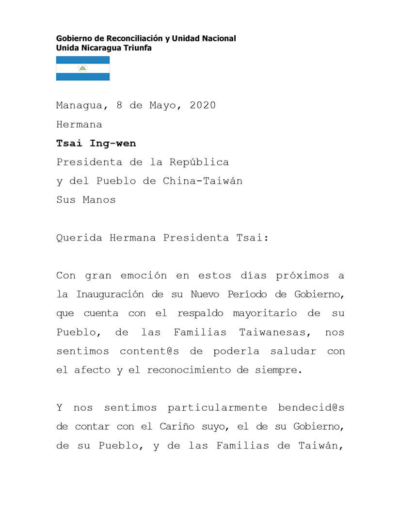nicaragua-saluda-nuevo-periodo-de-gobierno-de-tsai-ing-wen