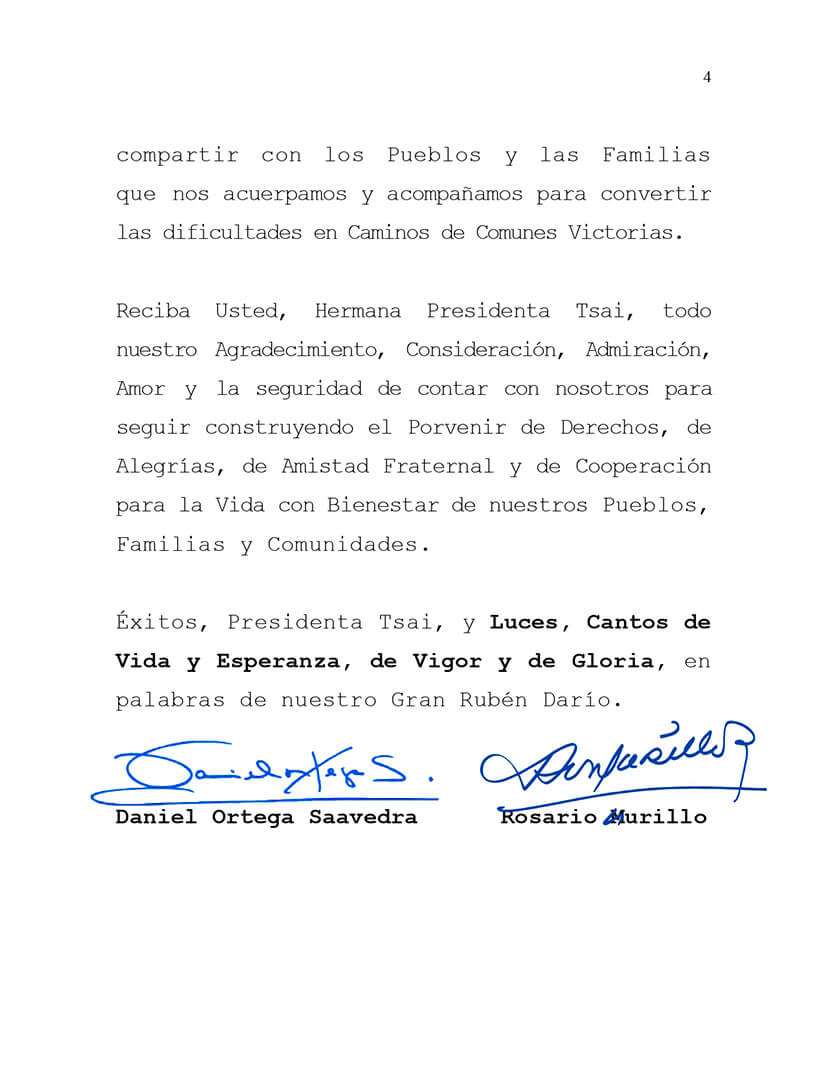 nicaragua-saluda-nuevo-periodo-de-gobierno-de-tsai-ing-wen