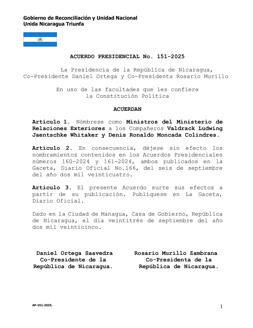 AP-No--151-2025-NOMBRAMIENTO-CROS--VALDRACK-JAENTSCHKE-Y-DENIS-MONCADA-MINISTROS-MINREX(1)