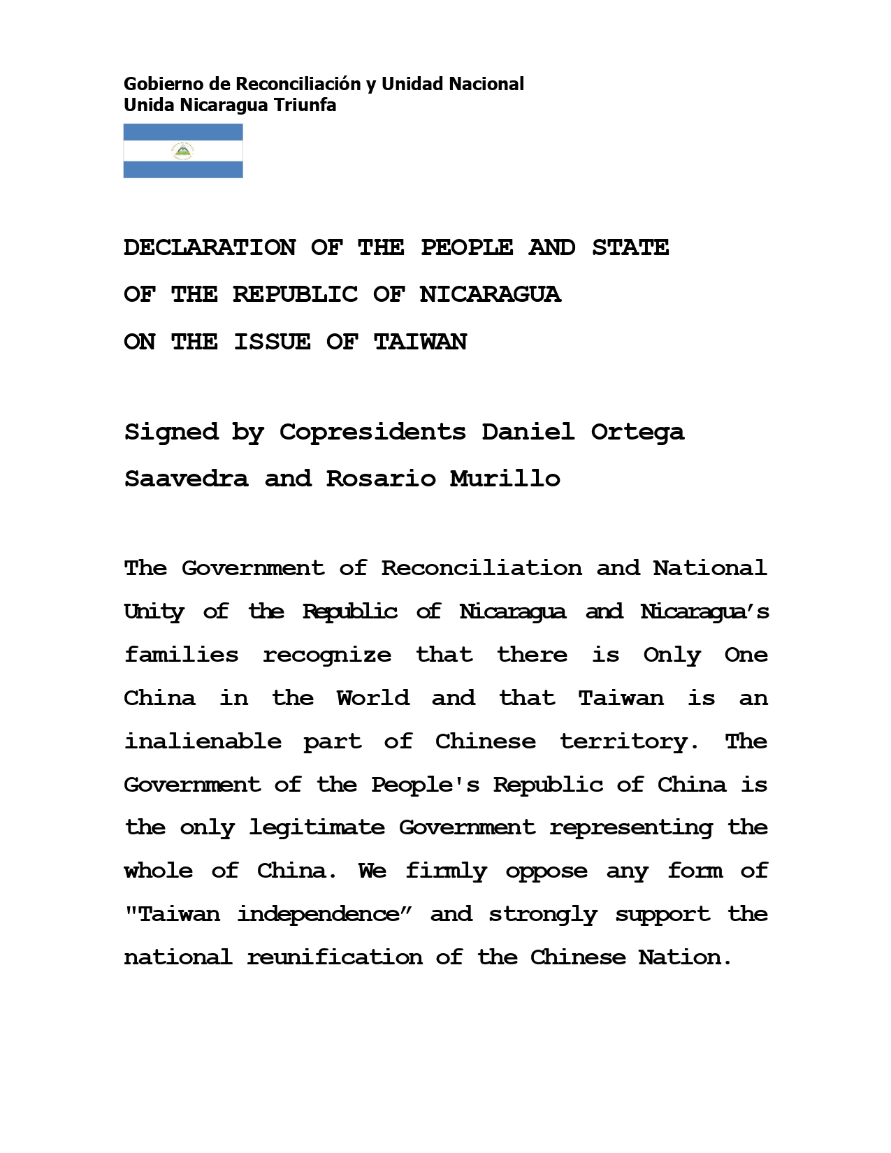 declaracion_del_pueblo_y_estado_de_nicaragua_sobre_el_asunto_de_taiwan_18-5-2026_ingles_page-0001